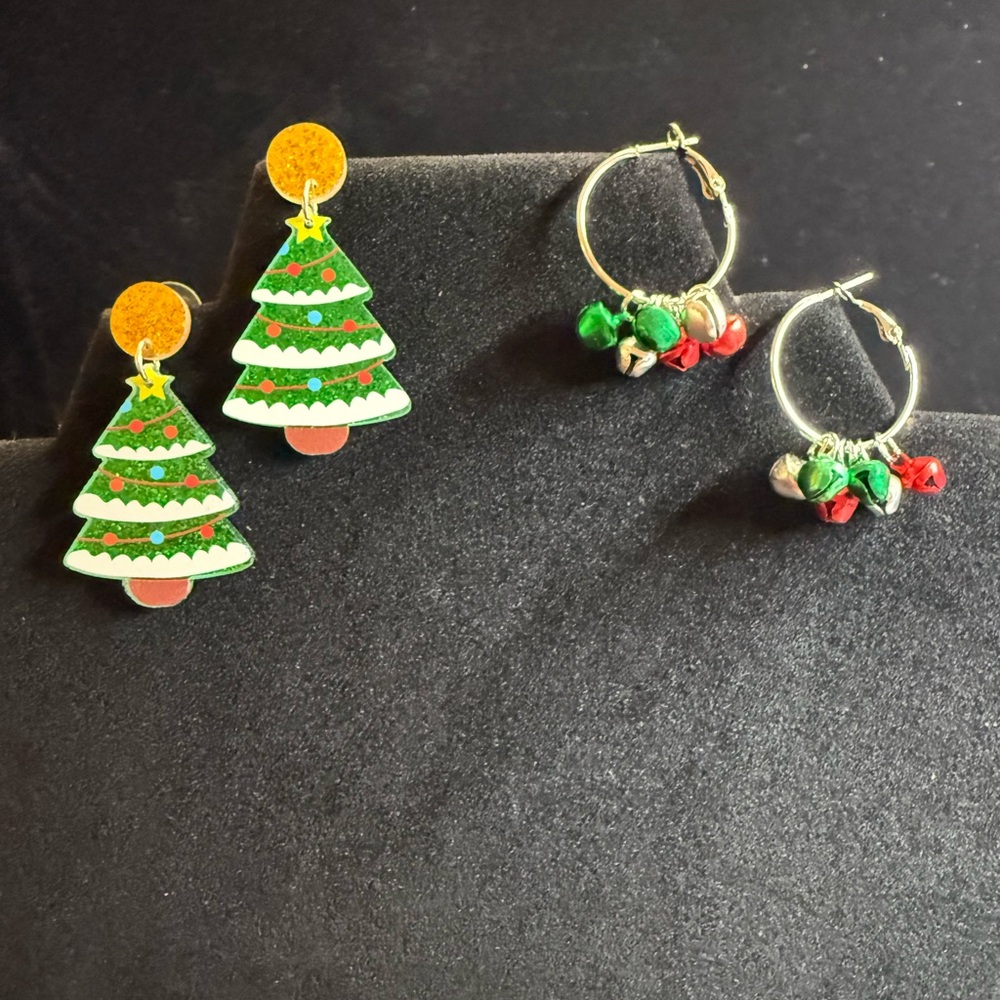 Festive Christmas Tree and Jingle Bell Earrings - 2 Pair of Dangle Earrings
